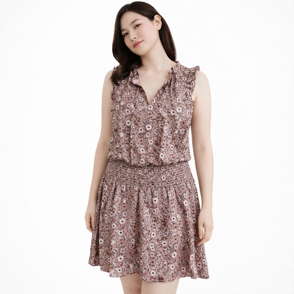 Outerknown Floral Sleeveless Smocked Ruffle Dress Pink S